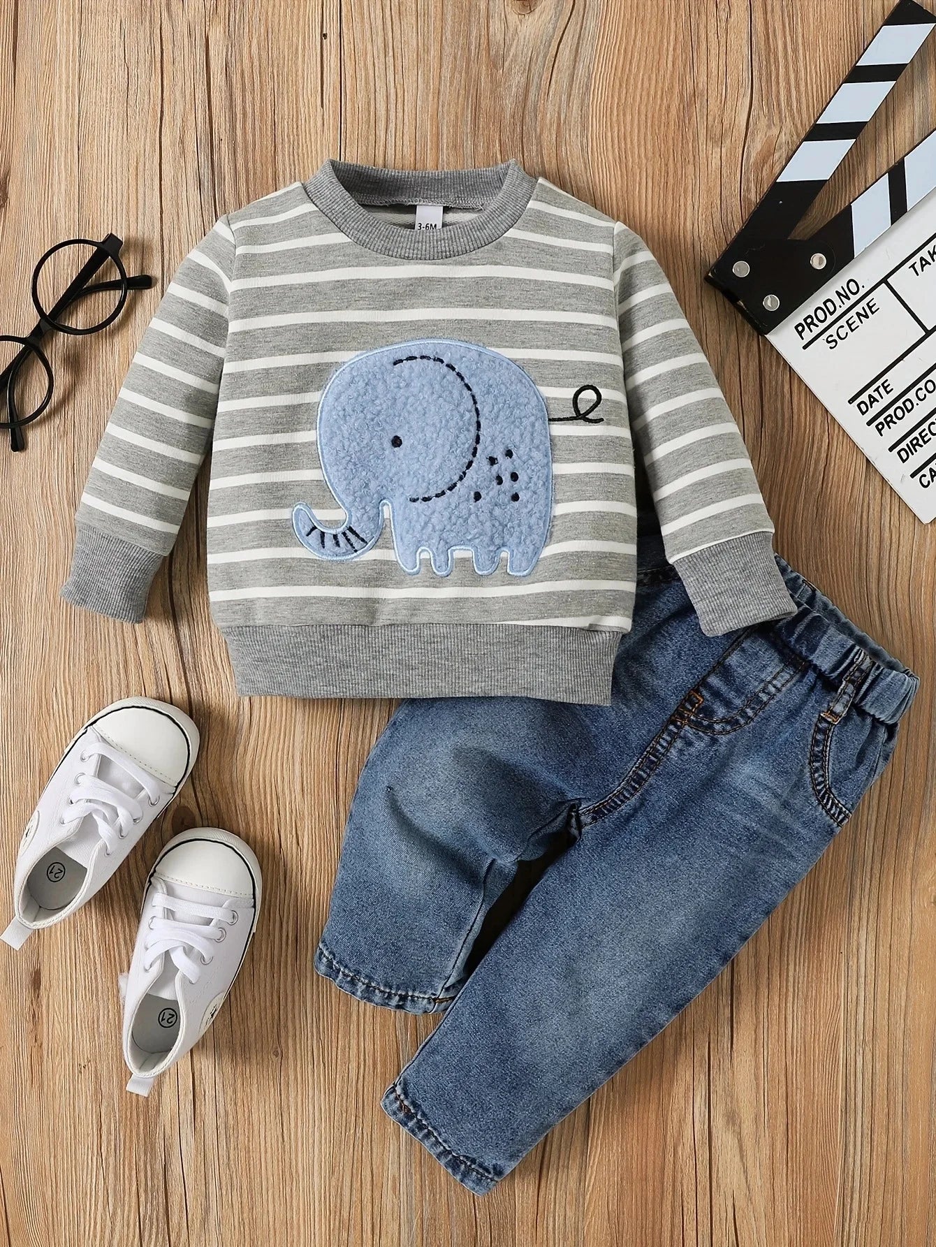 Elephant Stripe Top Casual Cute Print Jeans Set