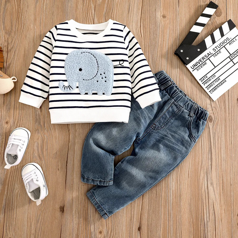 Elephant Stripe Top Casual Cute Print Jeans Set