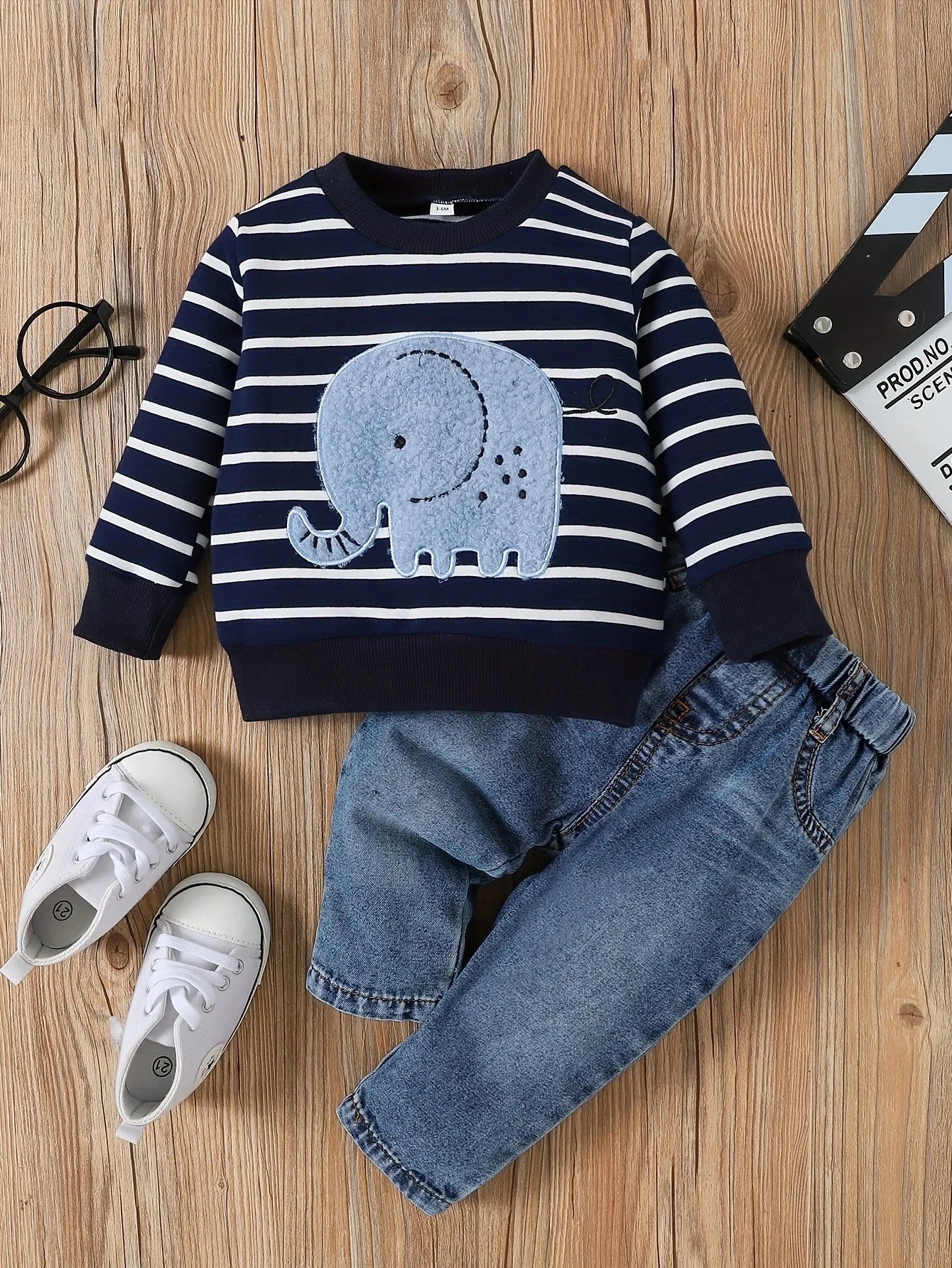 Elephant Stripe Top Casual Cute Print Jeans Set