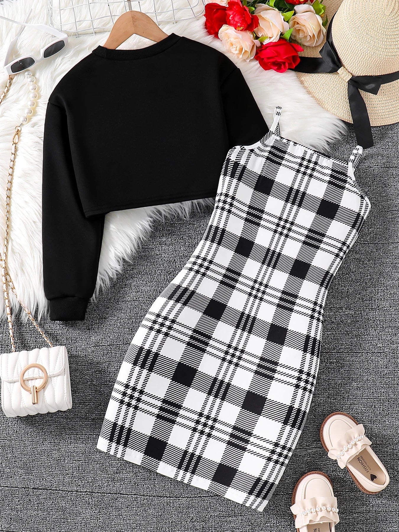 2-piece round neck long sleeve top + sleeveless plaid dress set