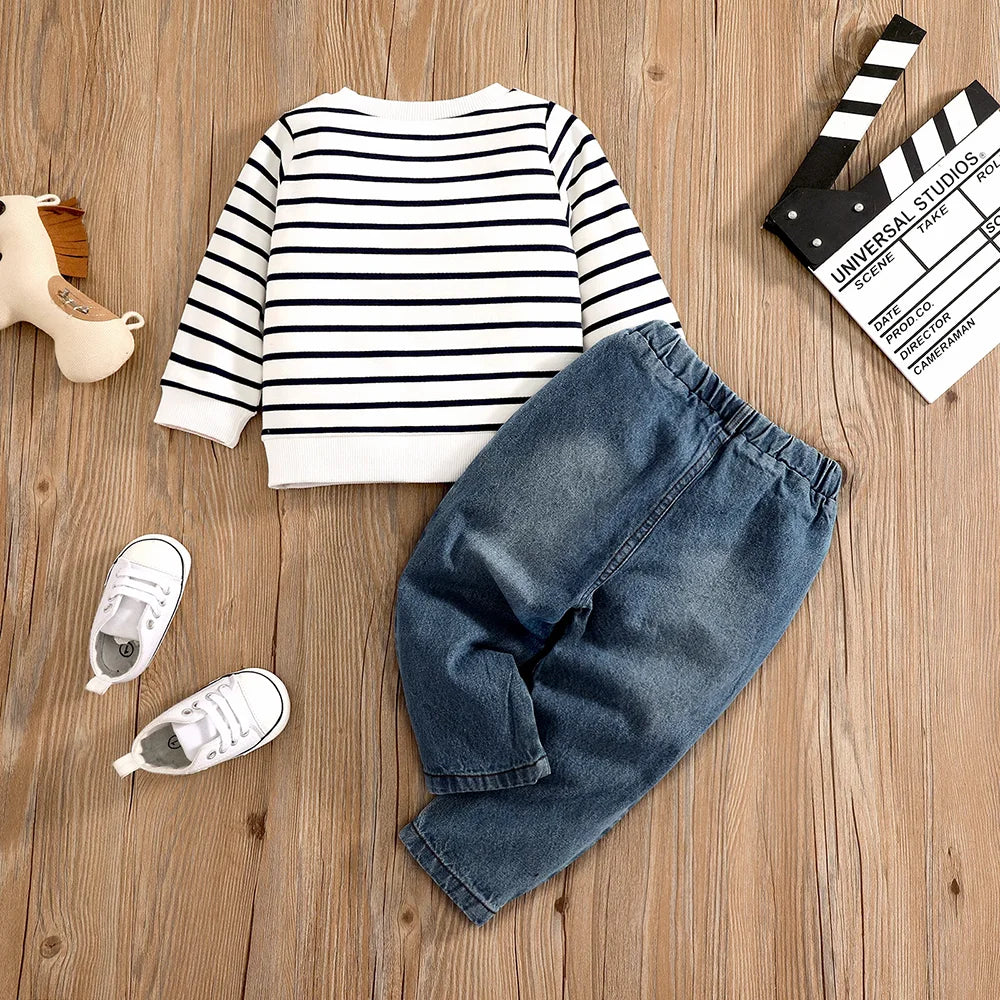 Elephant Stripe Top Casual Cute Print Jeans Set