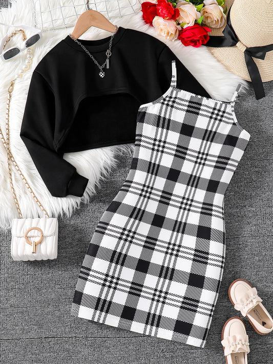 2-piece round neck long sleeve top + sleeveless plaid dress set